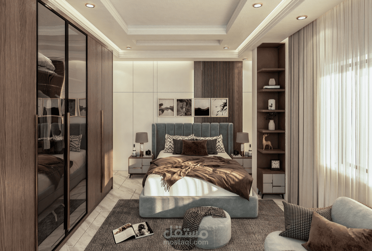 غرفة نوم شبابية النمط السائد هو المودرن الفاخر (Luxury Modern) مع لمسات من الطراز المعاصر (Contemporary).