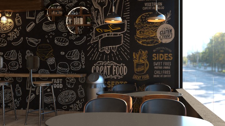 تصميم ديكور داخلي لمطعم وجبات سريعه وفق اشتراطات المطاعم والمطابخ في المملكة العربية السعودية