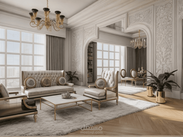 تصميم ليفنج رووم مطل على غرفه سفره كلاسيك 2