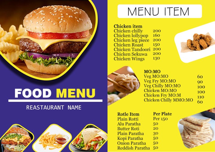 MENU of fast food