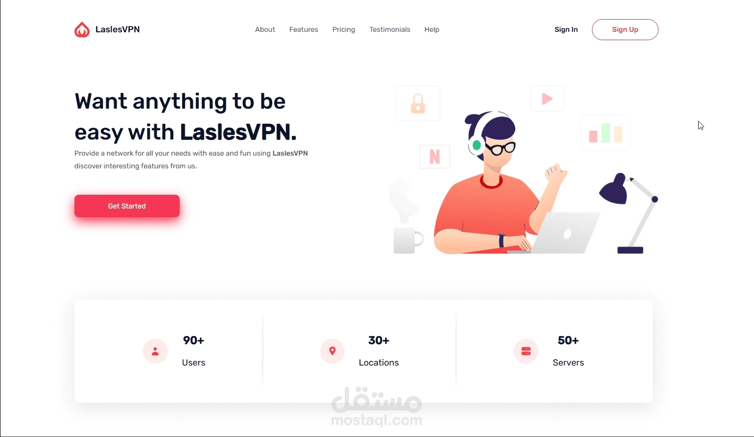 صفحة هبوط (Landing Page) لبرنامج Lasles VPN بتصميم عصري ومتجاوب على كل الاجهزة