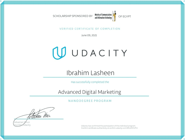 شهادة فى اساسايات التسويق الرقمى من منصة udacity وجوجل