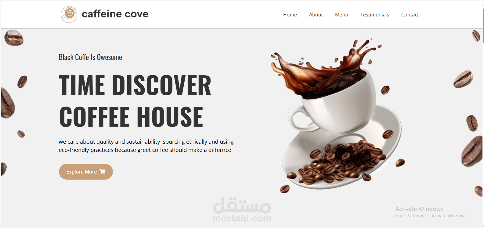 Caffiene Cove – واجهة موقع مقهى احترافية