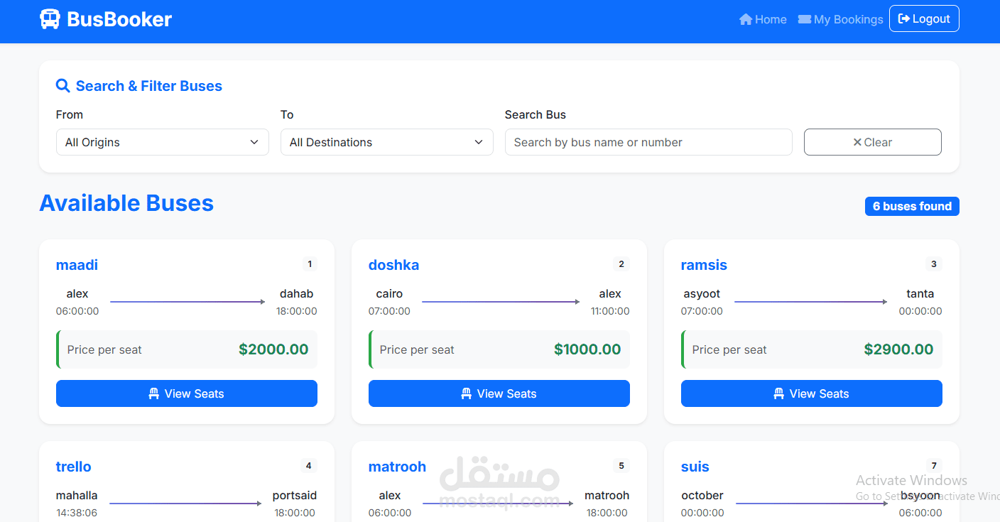 مشروع نظام حجز تذاكر الأتوبيسات (موقع Full Stack متكامل)