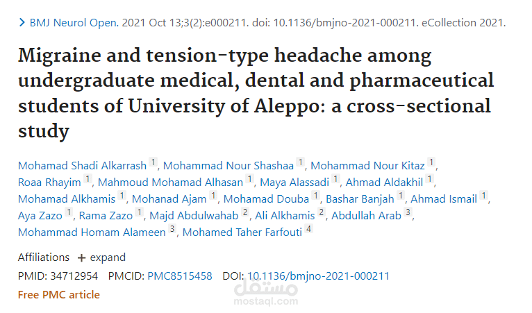 Migraine and tension-type headache among undergraduate medical, dental and pharmaceutical students of University of Aleppo: a cross-sectional study