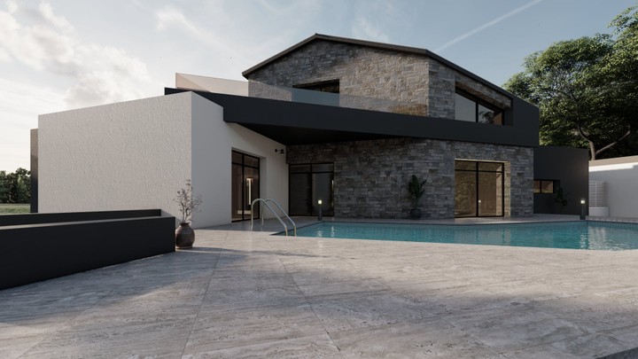 Construction of a contemporary house with pool