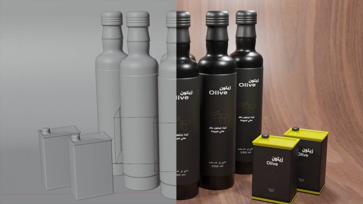 تصميم و نمذجة 3D لزجاجة زيت زيتون عبر بلندر