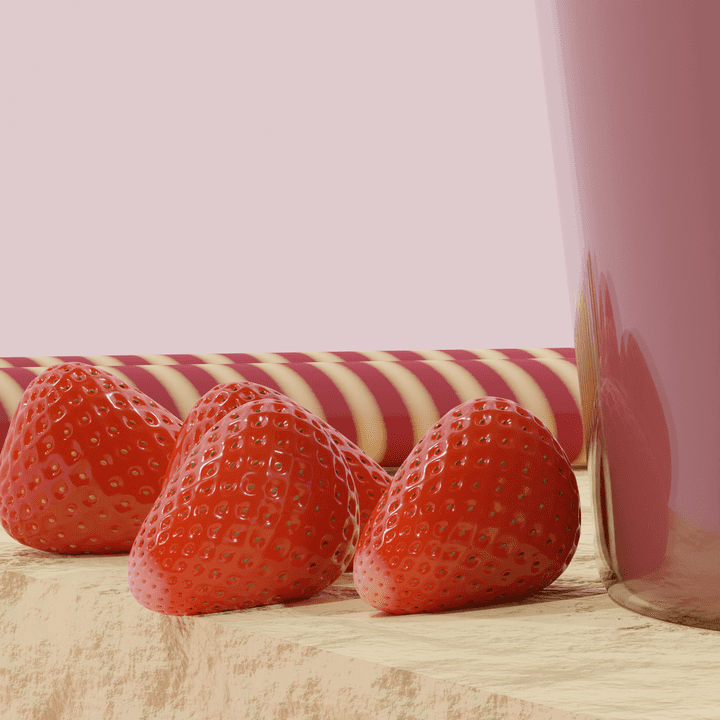 نمذجة 3D ل رول البسكويت بكوب آيس كريم الفراولة مع حبات الفراولة..