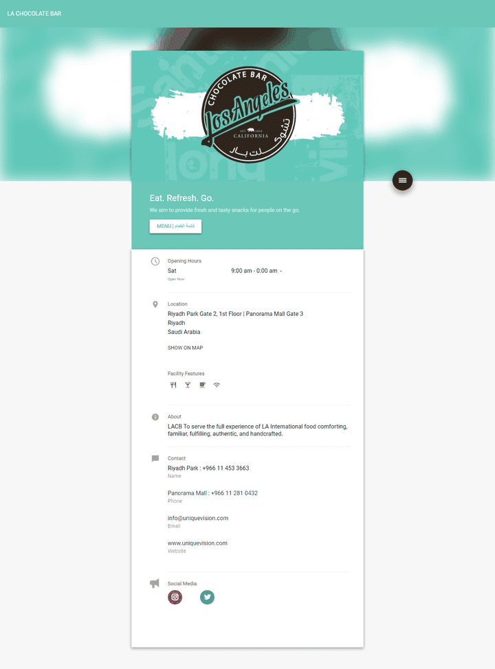 تصميم موقع ومنيو للموقع تشوكلت بار
