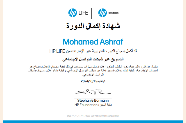 شهادة في التسويق الالكتروني من شركه hp life