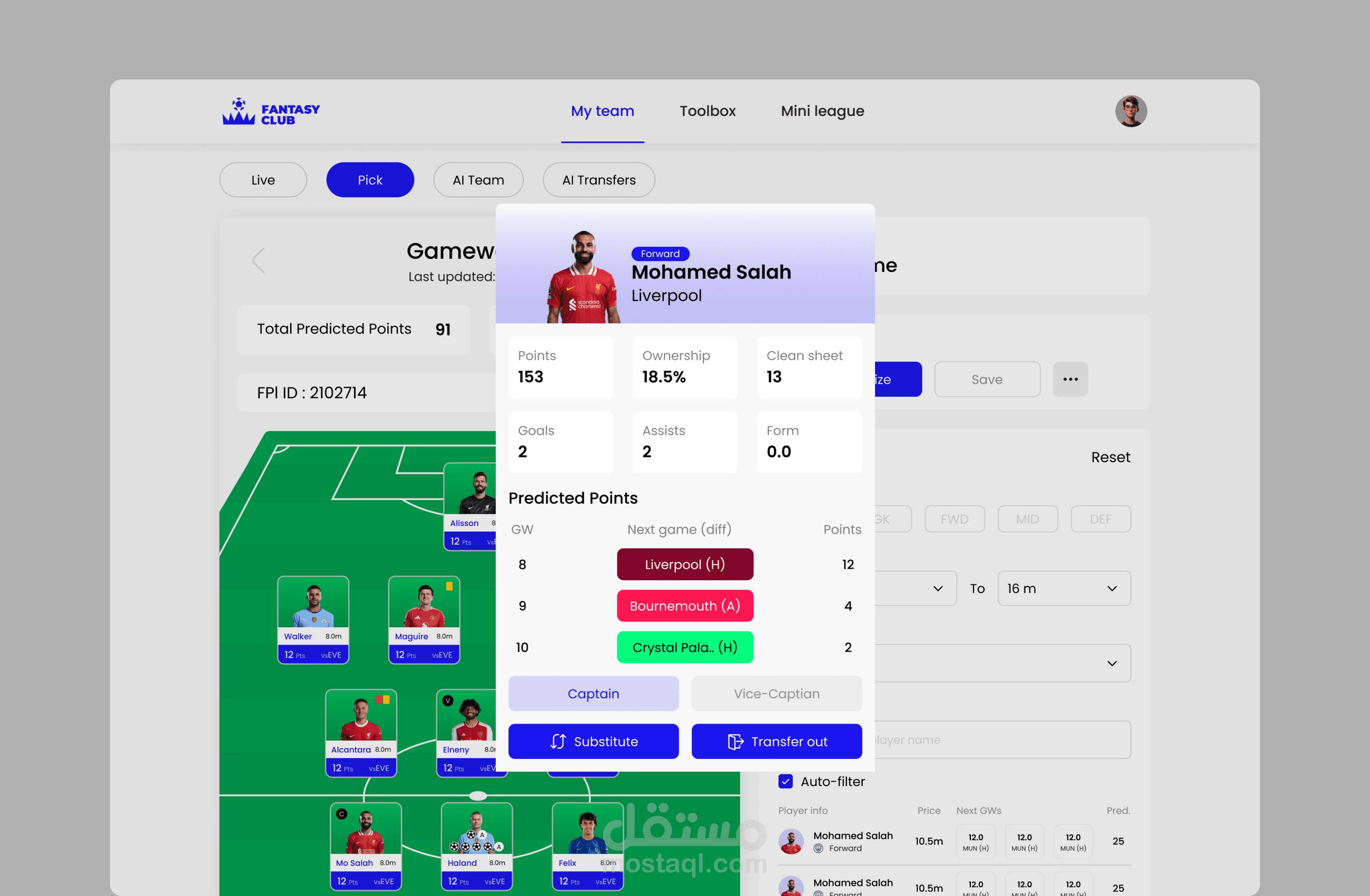 AI Fantasy Web App UI